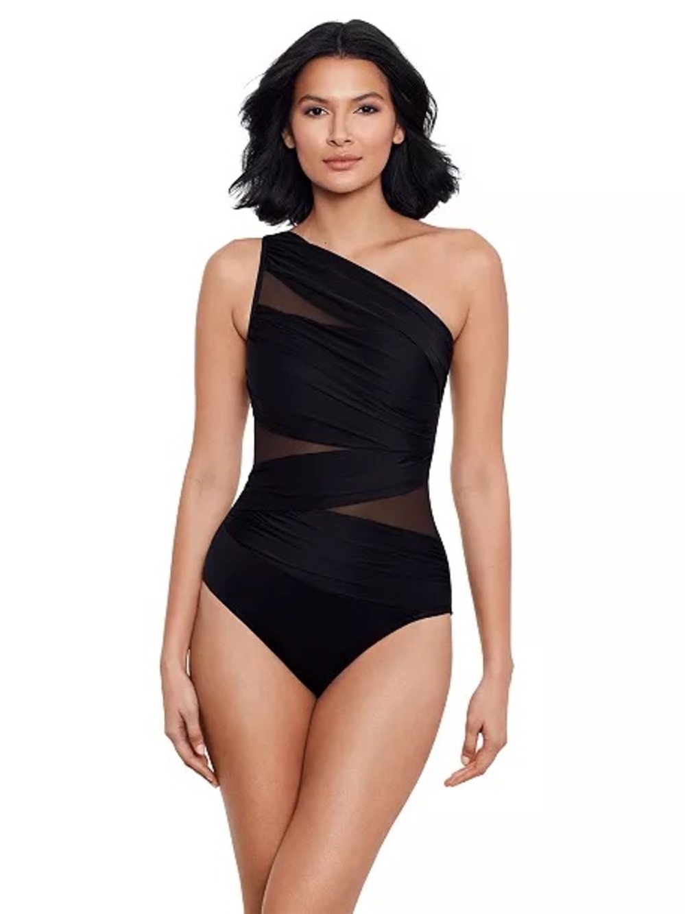NWT- Asymmetric One-Shoulder Black Mesh Panel Swim One-Piece